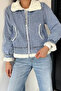Women's Belt Detailed Double Pocket Jean Jacket with Fur Inside - 2