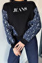 Gülseli Women's Crew Neck Embroidered Front and Denim Trimmed Embellished Sweatshirt