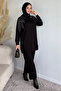 Crew Neck Stone Embroidered Tunic Elastic Waist Pants Hijab Double Set - 5