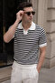 Men's Polo Neck Striped Patterned Openwork Knitwear T-Shirt
