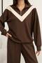 Women's Coffee V Detailed Half Zipper and Stripe Detailed Pants Set - 2
