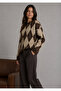 Brown Baklava Pattern Crew Neck Oversize Women's Knitwear Sweater - 3