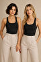 Women's 2-Piece Square Collar Wide Strap 100% Cotton Camisole Basic Undershirt Black