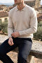 Men's Polo Neck Self-Patterned Knit Sweater