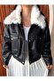 Leather Jacket with Fur Collar and Double Pockets - 2
