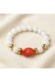 White Agate and Coral Natural Stone 316L Steel Gold Detailed Antique Design Women's Flexible Bracelet - 3