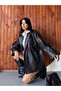 New Season Women's Belted Oversize Double-Breasted Collar Leather Trench Coat - 4