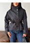 Belted Stand Collar Black Oversize Women's Short Trench Coat - 6