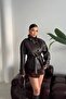 New Season Mock Neck Short Leather Trench Coat - 4
