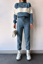 High Collar Stripe Blocky Tight Knit Top and Bottom Knitwear Tracksuit Set - 2