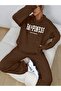 3 İplik Happiness Sweatshirt Sweatpants Jogger - Brown Printed Top and Bottom Tracksuit Set with Hood