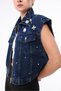 Women's Designer Denim Vest with Stone Chain Embroidery Detail, Blue Slim Fit Vest - 5