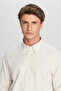 Men's Beige-White 100% Cotton Flannel Slim Fit Slim Fit Hidden Button Collar Striped Shirt - 4