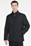 Men's Black Standard Fit Regular Cut Stand Collar Overcoat with Side Pockets