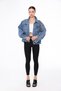 Women's Designer Denim Jacket with Colorful Stone Bead Chain Embroidery Detail, Blue Oversize Fit Bomber Coat, Limited Edition - 8