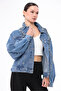 Women's Designer Denim Jacket with Colorful Stone Bead Chain Embroidery Detail, Blue Oversize Fit Bomber Coat, Limited Edition - 5