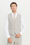 Men's Beige Wool Slim Fit Mono Collar Vest Suit with Flap Pockets - 4
