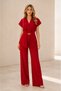 Women's Gold Brooch Double-Breasted Pleated Wide-Leg Pants Set – Red - 3