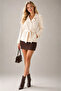 Women's Ecru Cashmere Short Coat Double-Breasted Belted Double-Button Lined Jacket Long Coat - 7