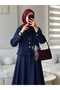 Navy Blue Bow Collar Detailed Hijab Jacket Skirt Set - 2