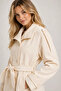 Women's Ecru Cashmere Short Coat Double-Breasted Belted Double-Button Lined Jacket Long Coat - 2