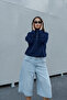 Women's Navy Blue Half-Zipper High-Neck Oversize Sweatshirt with Elastic Comfortable Fit - 3