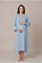 Women's Indigo Muslin Fabric Short-Sleeved Maternity Nightgown Set with Easy Nursing Features - 2