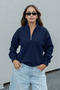 Women's Navy Blue Half-Zipper High-Neck Oversize Sweatshirt with Elastic Comfortable Fit