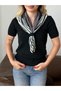 Women's Black V-Neck Scarf Knitwear Blouse - 2