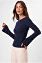 Women's Navy Blue Boat Neck Bell Sleeve Ribbed Basic Blouse - 2