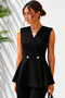 Women's Black Double Breasted Collar Heart Buttoned Waist Fitted Peplum Sleeveless Vest Blouse