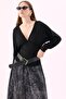 Crep Women's Soft Textured Double Breasted V-Neck Bat Sleeve Flexible Black Blouse