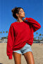 Women's Red Crew Neck Plain Unprinted Oversize Sweatshirt - 2