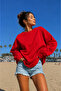 Women's Red Crew Neck Plain Unprinted Oversize Sweatshirt