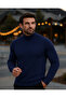 Men's Basic Winter Half-High Collar Long Navy Blue Sweater