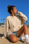 Women's Beige Crew Neck Plain Unprinted Oversize Sweatshirt - 2