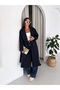 Women's Navy Blue Lined Long Trench Coat with Windbreaker Detail on the Front - 4