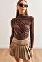 Women's Brown Turtleneck Long Sleeve Blouse with Criss-Cross Drawstring Detail - 4