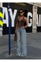 Women's Blue High Waist Wide Leg Straight Cut Jean Trousers