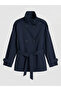 Navy Blue Stand Collar Belted Women's Gabardine Trench Coat - 5