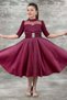 Girl's Waist Belt and Stone Brooch Detailed Evening Dress with Transparent Tulle on the Chest, Glittery Burgundy Half Sleeve Evening Dress - 6