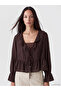 Two Mt Shop Quality Lcw Everyday Brown Jacquard Patterned V-Neck Long Sleeve Women's Blouse
