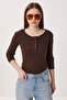2-Pack Snap Fastener Ribbed Knitted Blouse Lrn0061 Gray Melange Brown - 2