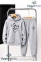 3Yazili Heart Printed Hooded Thick Cotton Inside Padding Tracksuit with Pockets Children's Bottom and Top Tracksuit Set