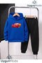 Car Lightning Bolt Printed Hooded Thick Cotton Inside Tracksuit with Pockets Children's Top and Bottom Tracksuit Set