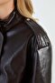 Zippered Stand Collar Pleated Faux Leather Jacket - 6