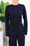 Women's Navy Blue Buckle Drawstring Blouse Pants 2-Piece Set - 8