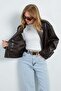 Zippered Stand Collar Pleated Faux Leather Jacket - 4