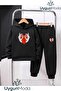 Skeleton Heart Printed Hooded Thick Cotton Inside Lined Sweatpants with Pockets Children's Top and Bottom Sweat Suit