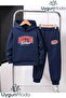 Boston Text Printed Hooded Thick Cotton Inside Padding Tracksuit with Pockets Children's Top and Bottom Tracksuit Set